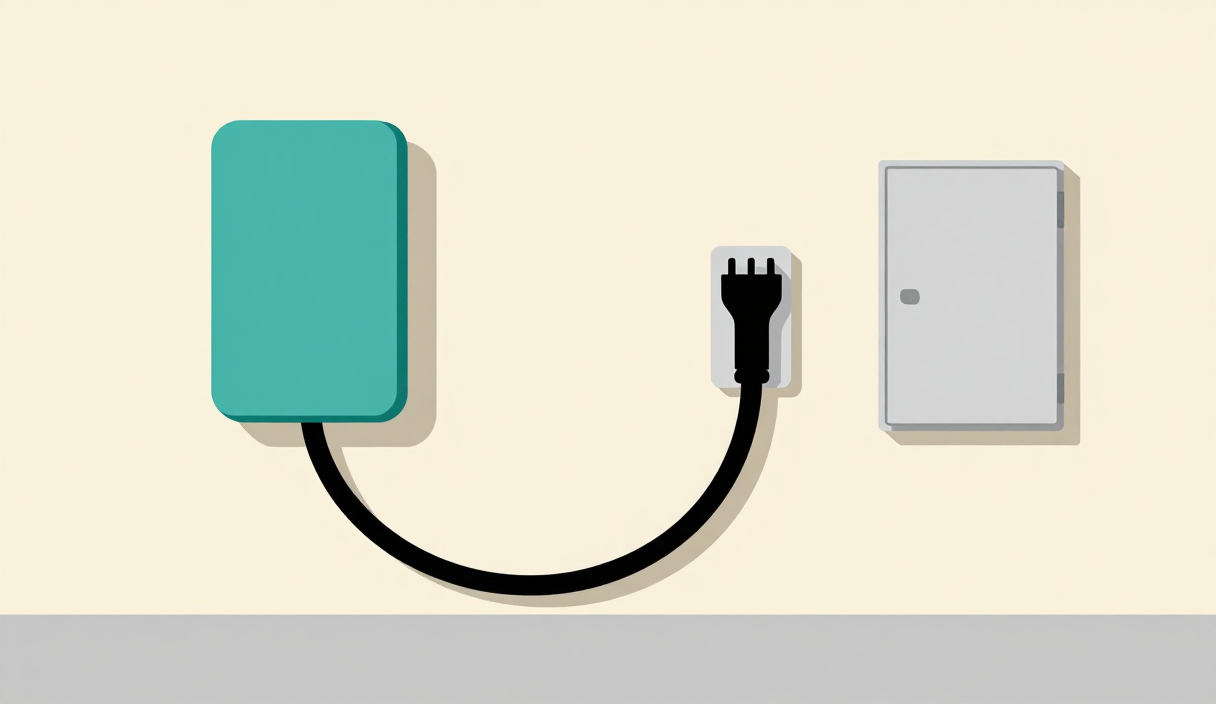 Minimal editorial illustration of a home EV charging point beside a closed electrical panel